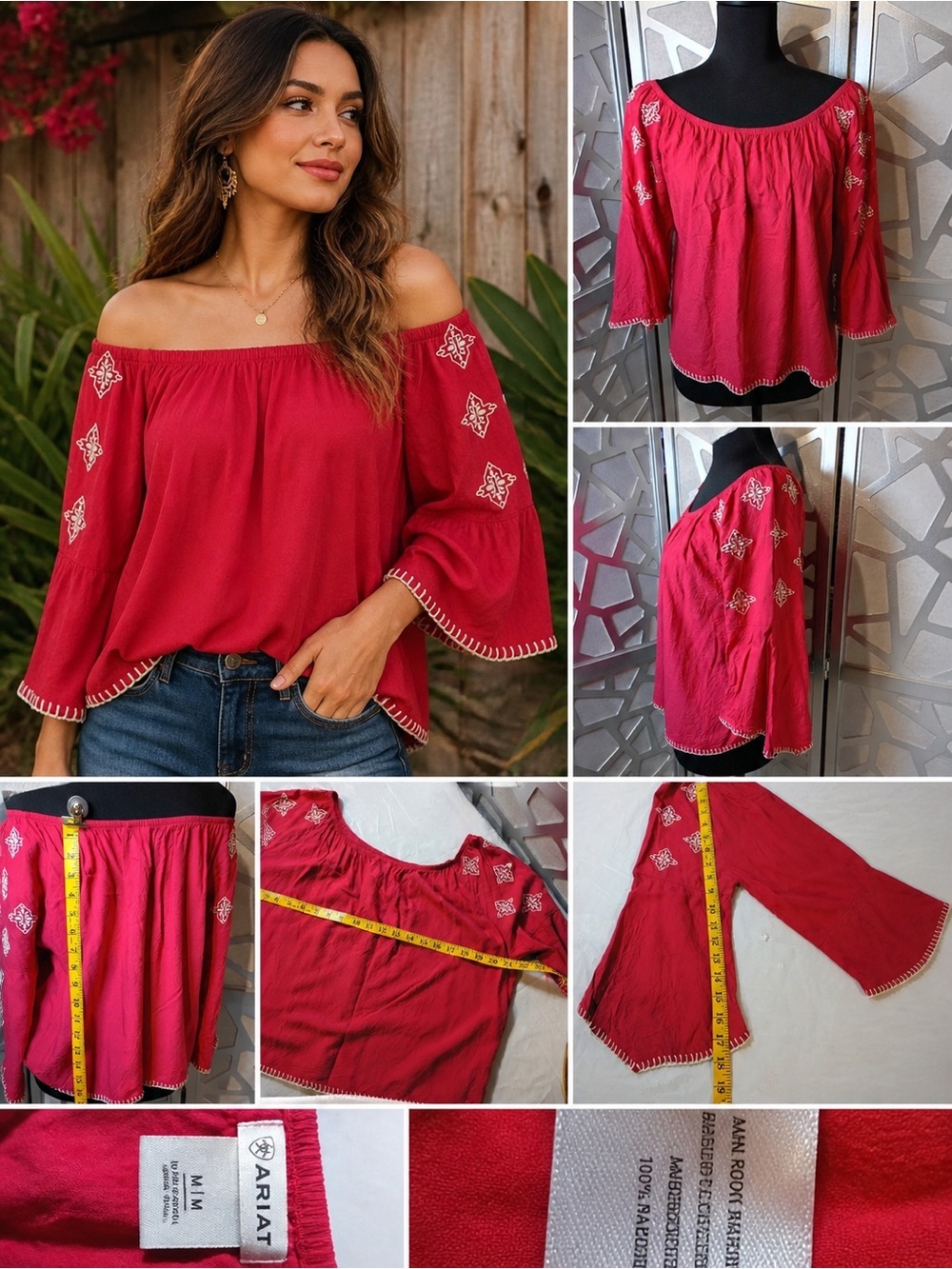 Ariat Off-Shoulder Embroidered Red Peasant Blouse